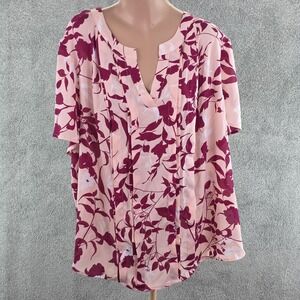 Liz Claiborne Blouse Womens 3XL Pink Burgundy Floral Split Neck Short Sleeve Top